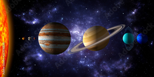 Sun and the eight planets of the solar system with deep space and dramatic nebula background.. Realistic 3d illustration of the rendering of the planets size. No text.
