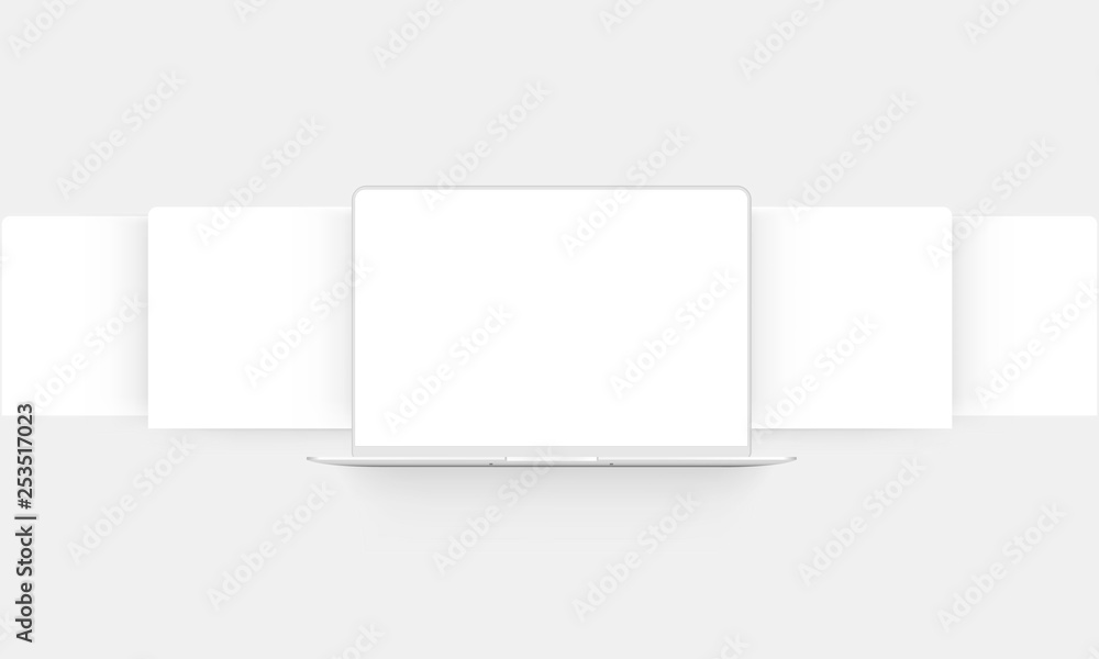 Naklejka premium Laptop mockup with blank web wireframing pages - front view. Modern concept for showcasing web-design projects. Vector illustration