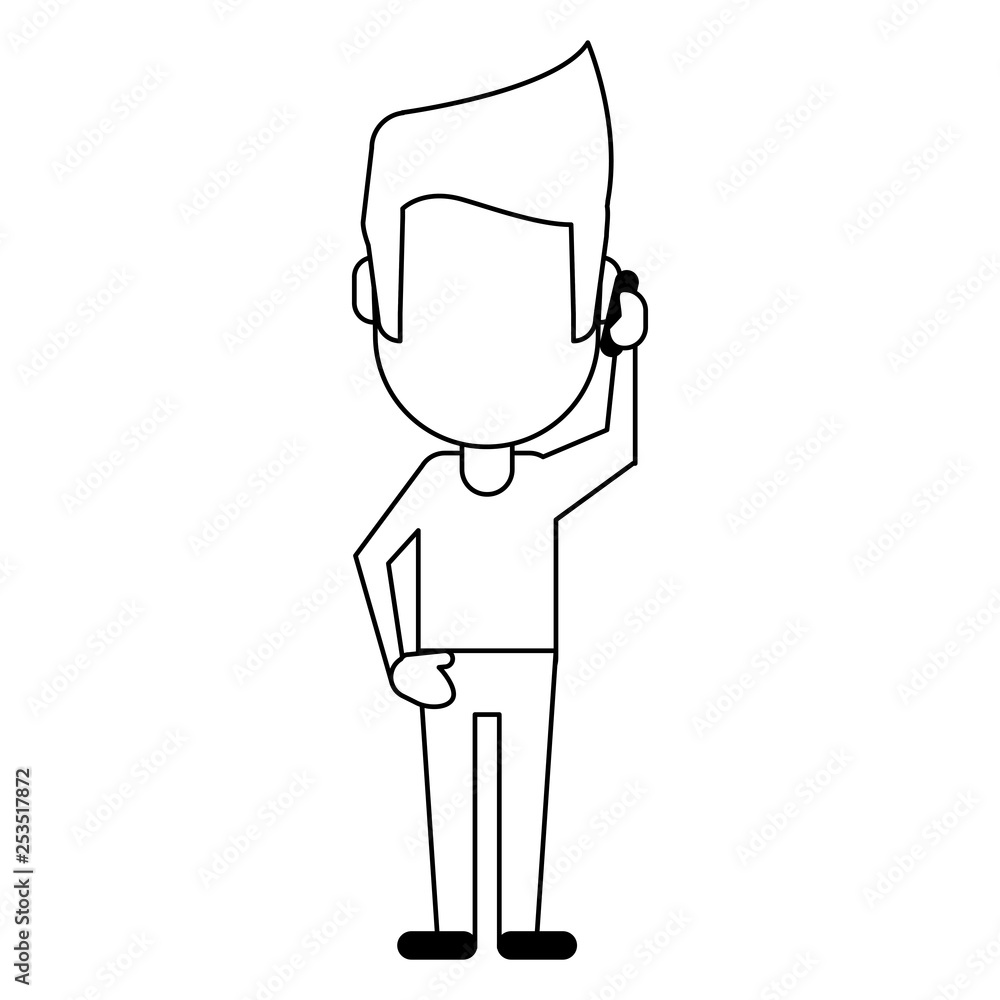 man using smartphone avatar cartoon in black and white man using smartphone avatar cartoon in black and white