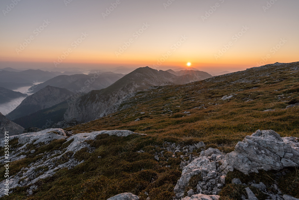 Morning sunrise next to the Schiestelhaus on top of the Hochschwab mountain in Austria