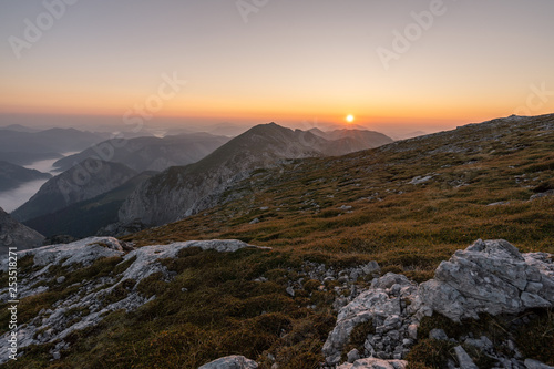 Morning sunrise next to the Schiestelhaus on top of the Hochschwab mountain in Austria © Michael