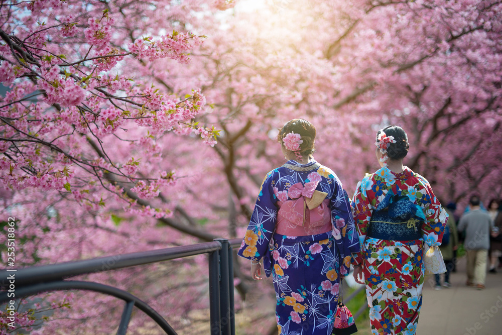 Two geishas wearing traditional japanese kimono among Kawazu, Japan.