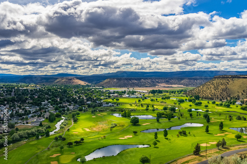 Overlooking view at the greens of the Meadow Lakes Golf Course in Prineville, Oregon, USA.