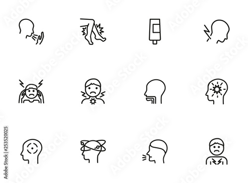 Disease line icon set. Coughing, heavy legs