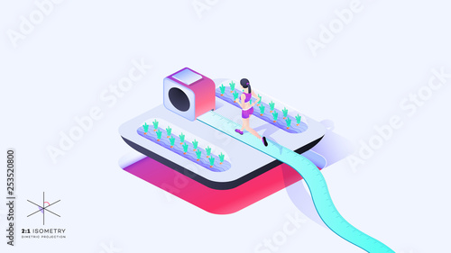 Woman Run On Roulette. Conceptual Weight Loss Isometric Illustration. Dimetric Projection.