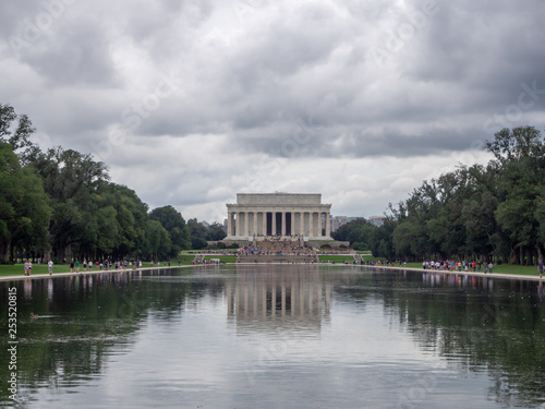 Washington DC, District of Columbia, Summer 2018 [United States US, Lincoln Memorial over Reflection pool, interior and exterior, national mall, tourist visitors]