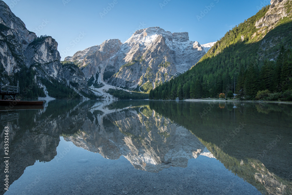 A view of the mountain next to Lago di Braies, South Tyrol, Italy