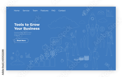 Blueprint tools to grow business online web page template vector. Rocket start and money growth, entrepreneurs and graphics, website or landing page flat style