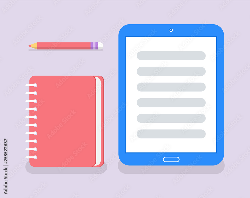 Notebook to write memos and personal information vector. Paper with spiral bind together, pencil and e-book, tablet device assisting in education learning Notebook to write memos and personal information vector. Paper with spiral bind together, pencil and e-book, tablet device assisting in education learning