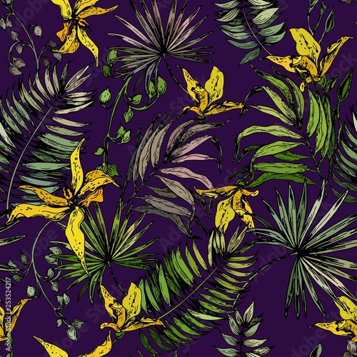 Seamless pattern with tropical leaves and yellow orchid flowers. Vector on dark purple background.
