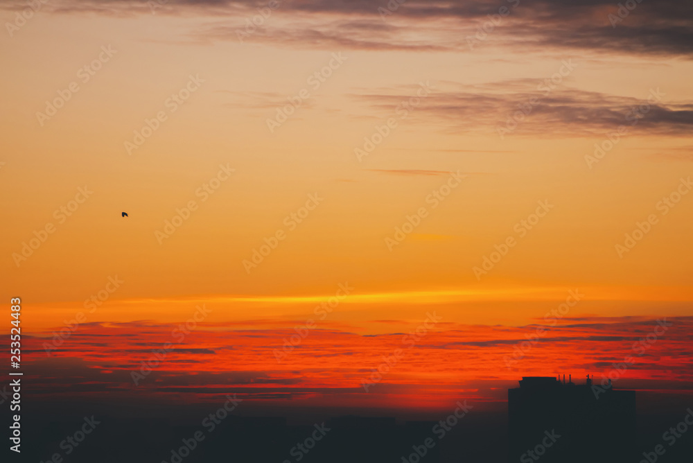 Obraz premium Cityscape with vivid fiery dawn. Amazing warm dramatic cloudy sky above dark silhouettes of city building roofs. Orange red sunlight. Atmospheric background of sunrise in overcast weather. Copy space.