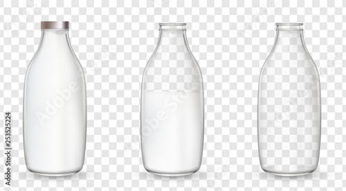 Realistic glass bottles with a milk.