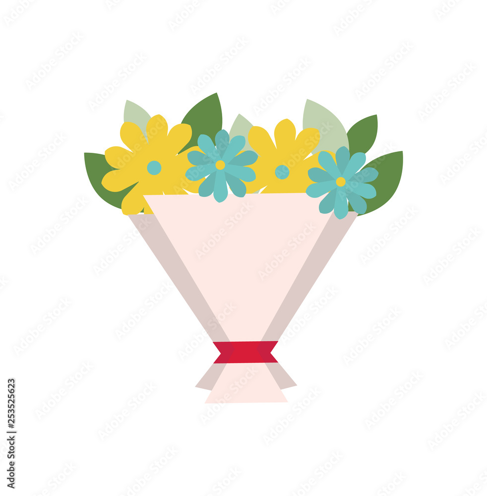 Obraz Ribbon on bouquet wrapping vector, isolated icon of blue and yellow flowers. Gift on special occasion, greeting on 8 march, botanical leafy present