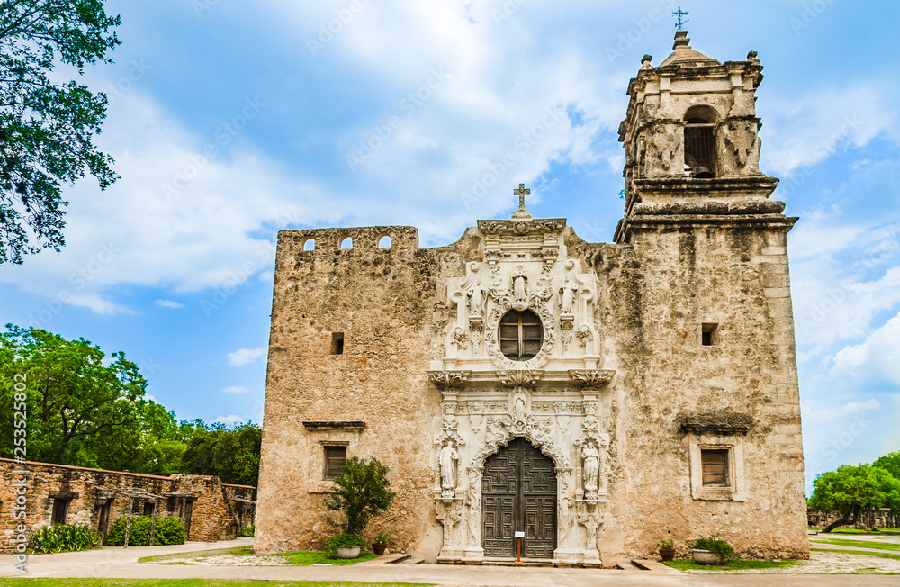 Facade of the Mission San Jose church in San Antonio Texas