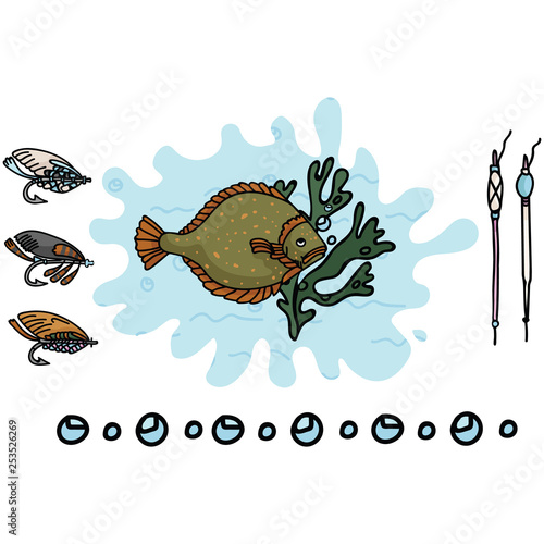 Cute flounder fishing gear cartoon vector illustration motif set. Hand drawn fish and tackle elements clipart for angling hobby blog, sealife graphic, marine sport web buttons.