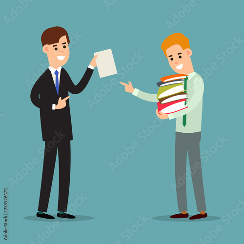 Business communication. Businessman transfers paper archive to an employee. Boss shows document subordinate. Two businessman working in office. Flat illustration isolated on background