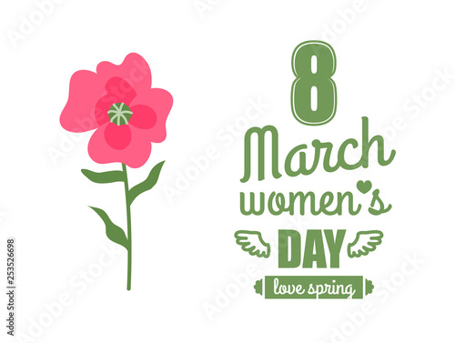 Womens international day, greeting card decorated by pink violet on white, love spring. Holiday for ladies, natural decoration of postcard vector. 8 March