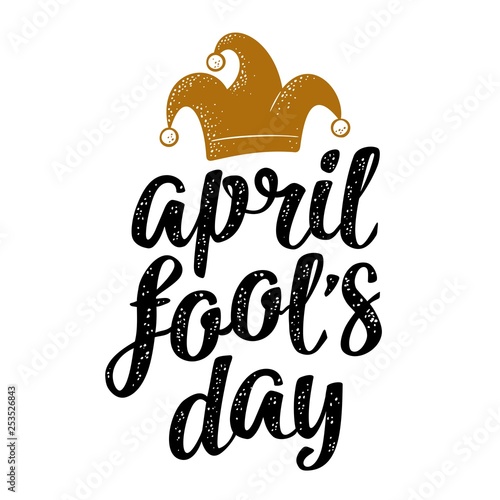 April fool's day calligraphic handwriting lettering with jester cap engraving