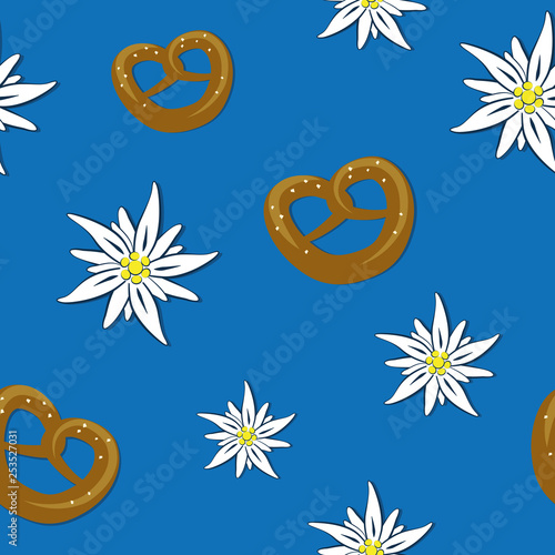 seamless pattern edelweiss flower and pretzel on blue background vector illustration EPS10