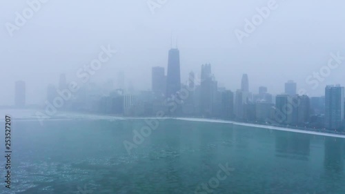 Aerial footage of Frozen Lake Michigan during 2019 Polar Vortex, Chicago, Illinois photo