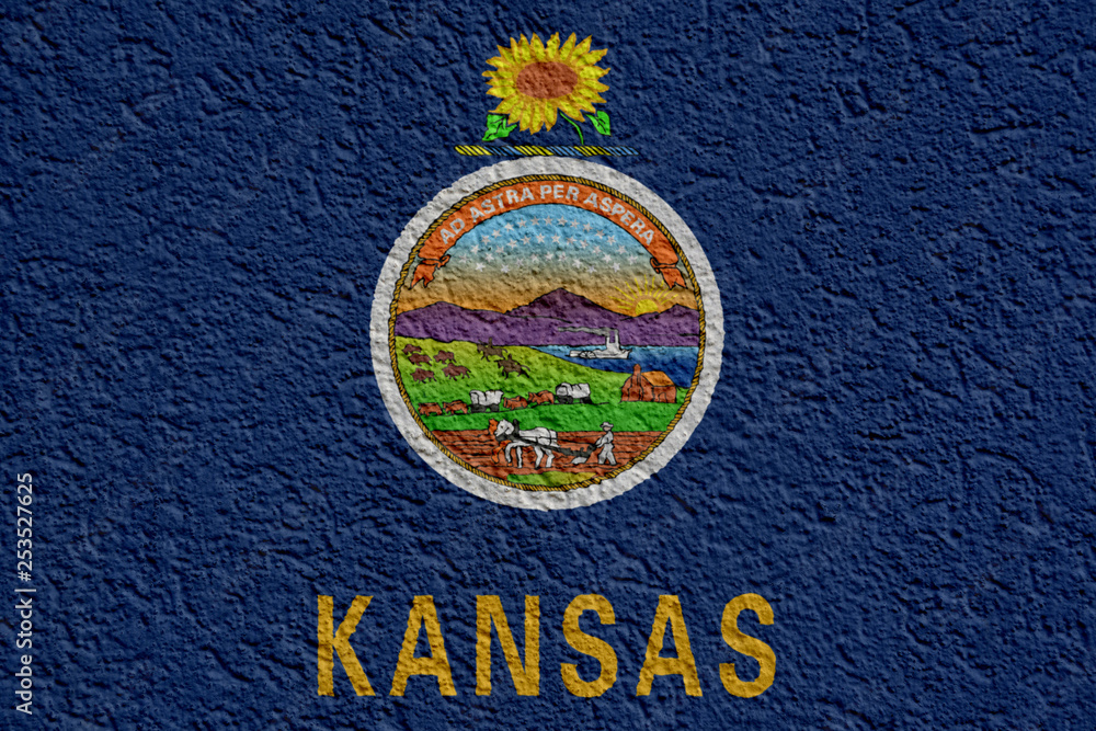 US State Politics Or Business Concept: Kansas Flag Wall With Plaster, Background Texture US State Politics Or Business Concept: Kansas Flag Wall With Plaster, Background Texture