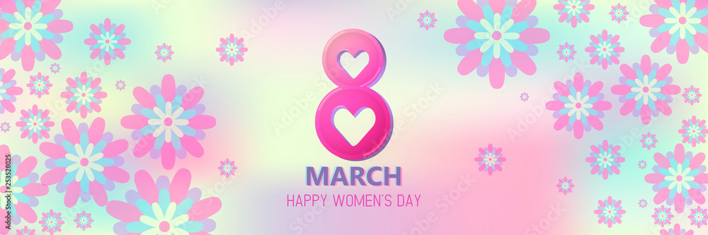 Vector illustration of stylish 8 march womens day with text sign and flowers for greeting card, banner, gift packaging