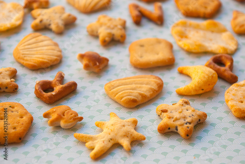 Different shapes of crackers. Healthy cookie salty and crispy. Food background.