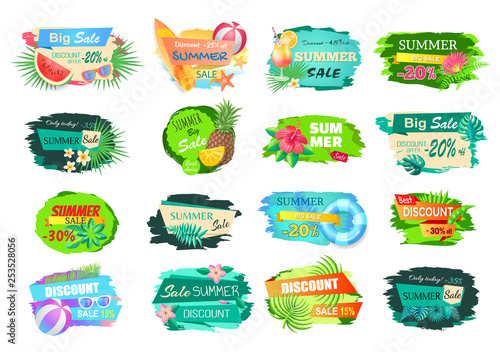 Summer big sale banners set. Posters with leaves of trees, cocktails and fruits. Watermelon and pineapple, surfing board and volleyball ball vector