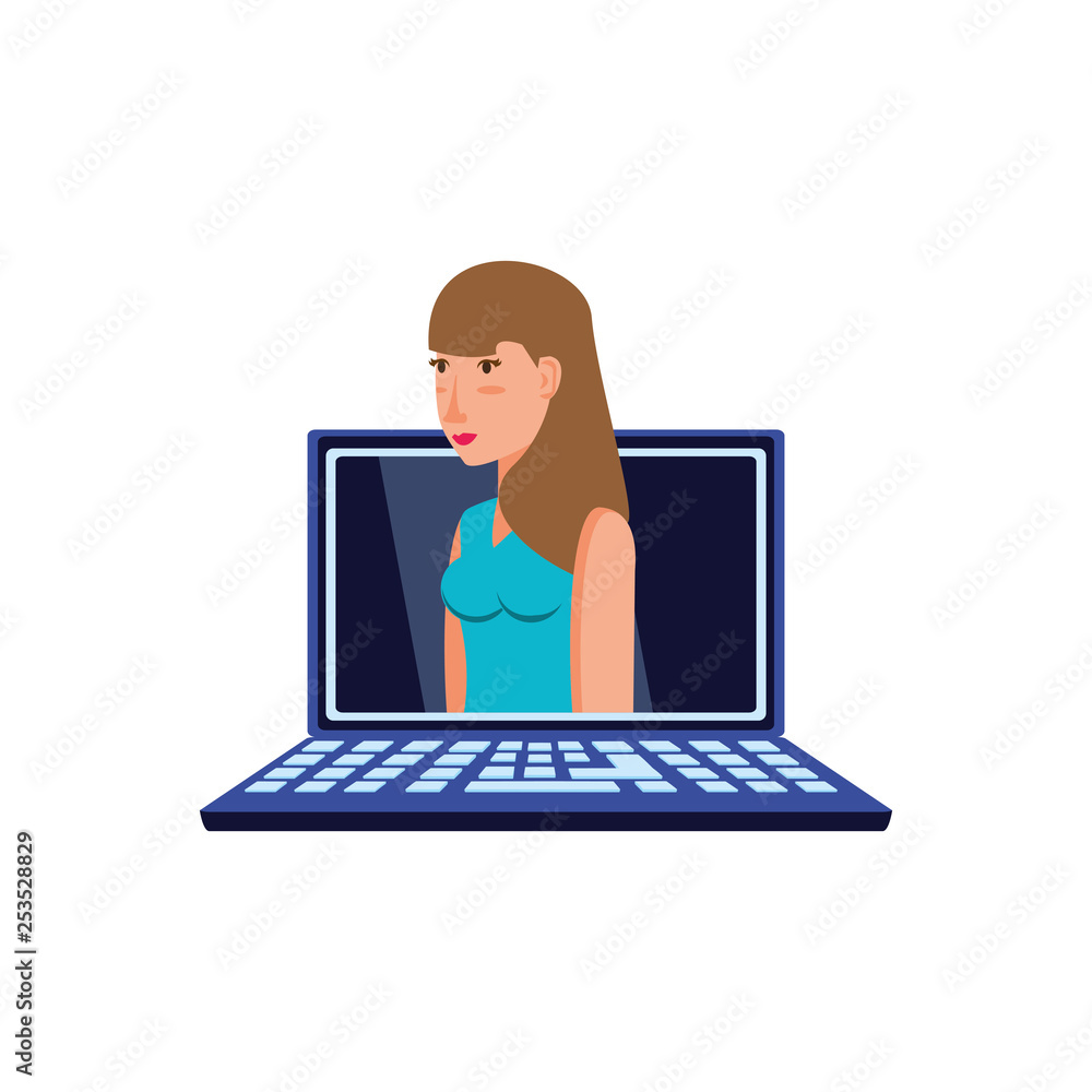 woman in laptop computer isolated icon