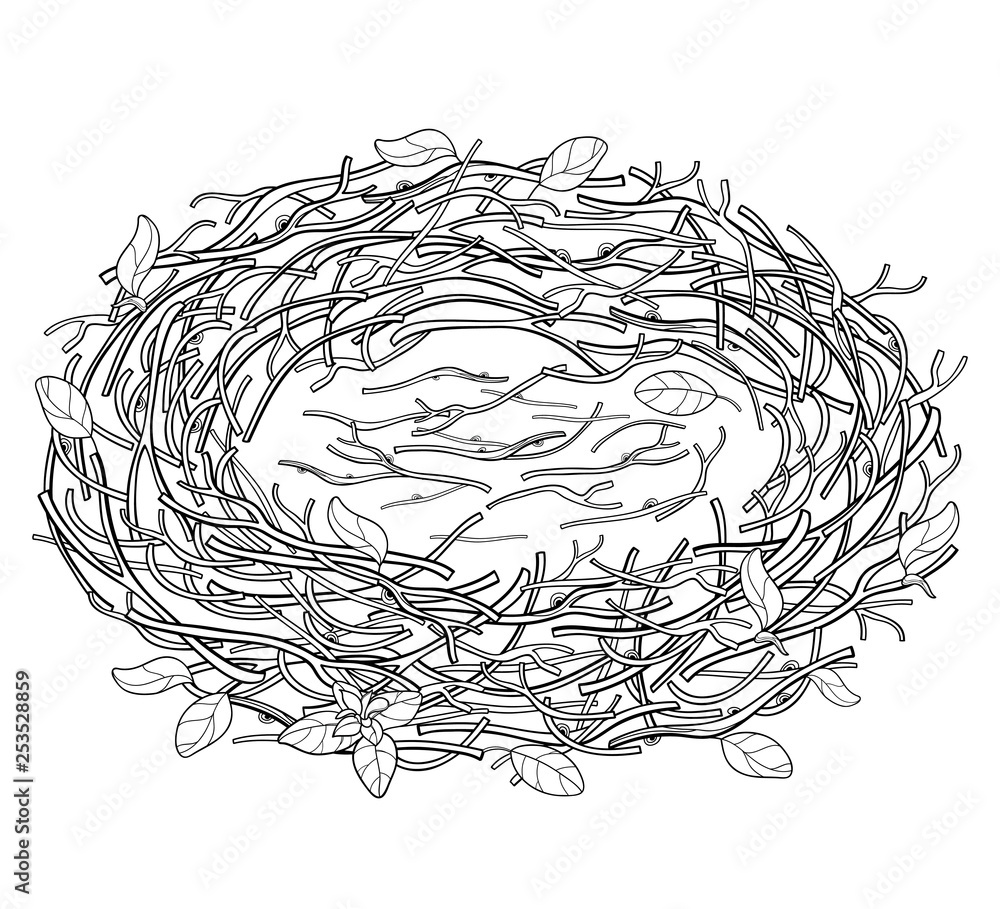 Drawing of outline empty bird nest in black isolated on white
