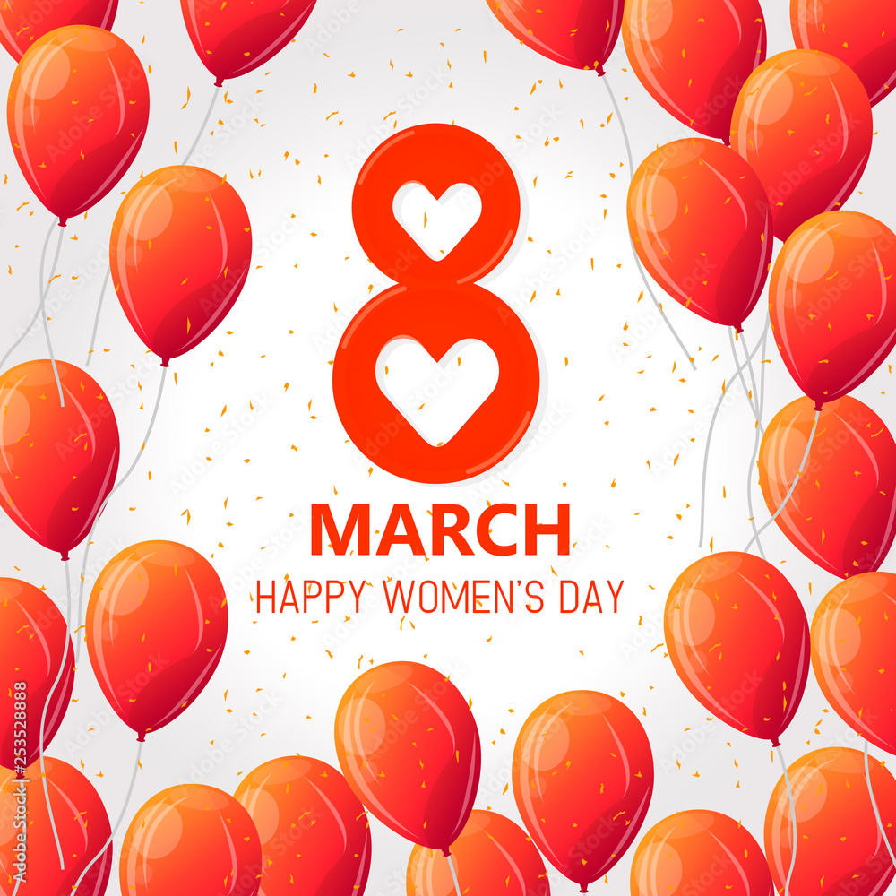 Vector illustration of stylish 8 march womens day with text sign and red balloon for greeting card, banner, gift packaging