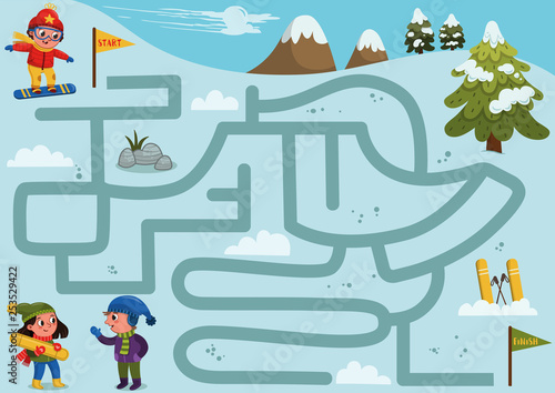 Help the boy to find a correct way down the hill to meet friends. Labyrinth game for kids. Vector illustration.