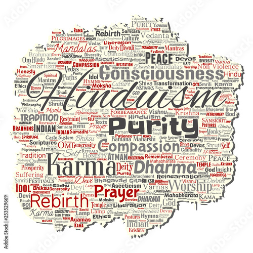 Vector conceptual hinduism, shiva, rama, yoga old torn paper word cloud isolated background. Collage of mandalas, samsara, celebration, tradition, peace, compassion, rebirth, karma, dharma concept