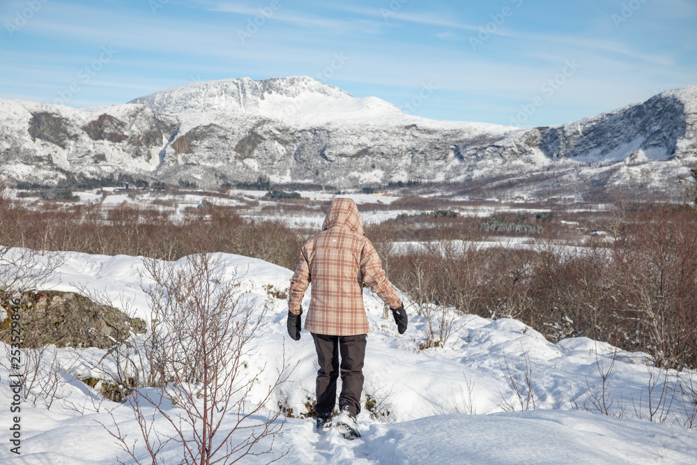 Hiking in Norwegian winter landscape