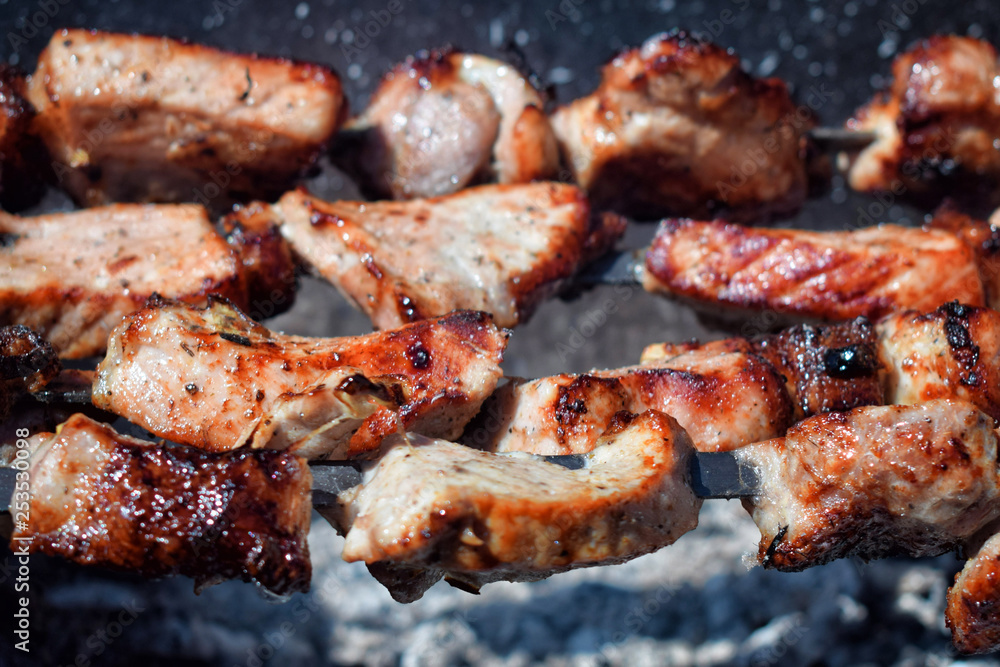 Row of pieces of grilled pork on skewers over hot coals