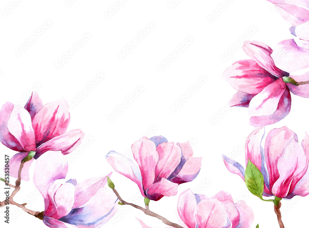 watercolor image of magnolia flowers. Magnolia spring bloom. greeting card and wedding invitation. wreath of flowers
