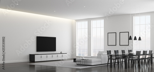 View of white living room in minimal style with black and white furniture on dark laminate floor.Interior design with TV and sofa set on city background. 3d rendering. 