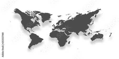 Map of World. Simple dark grey gradient silhouette with dropped shadow isolated on white background. Vector illustration