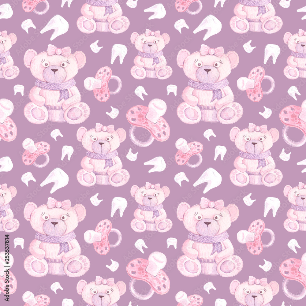 pattern with a toy bear, nipples and teeth 