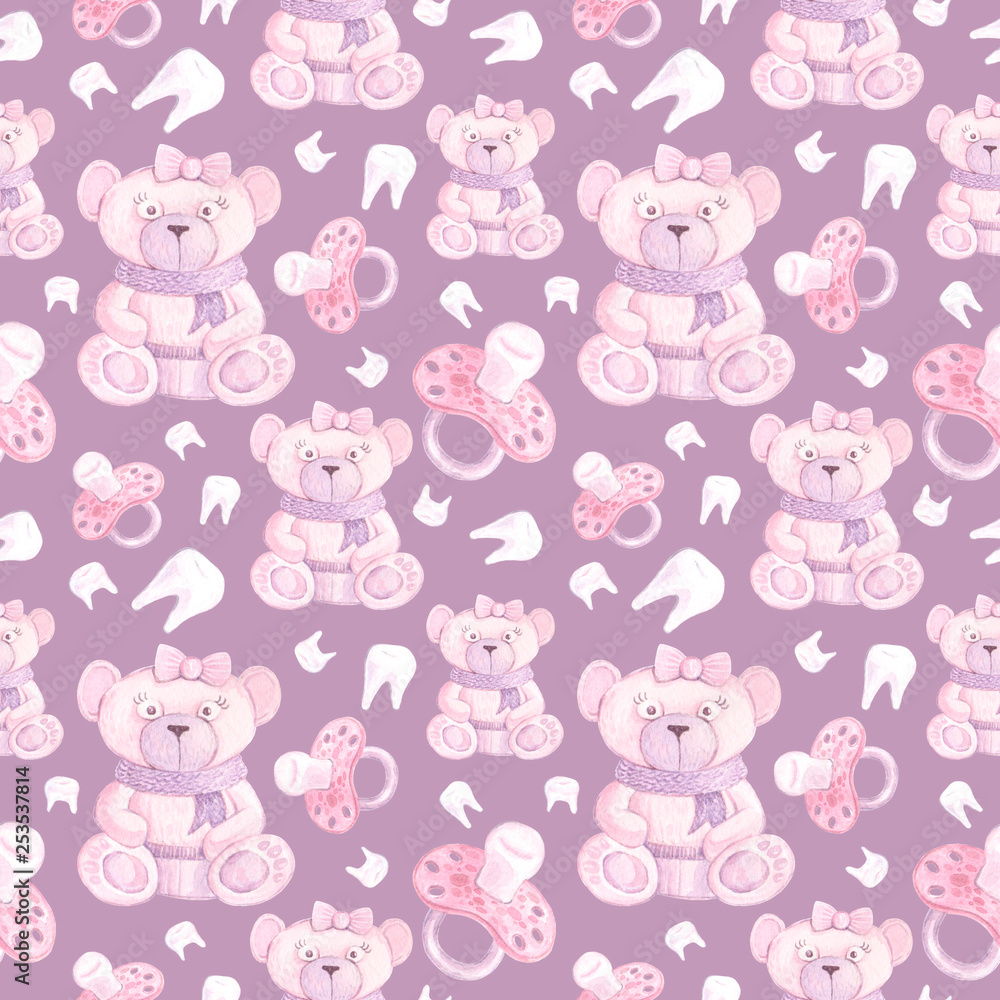 Obraz premium pattern with a toy bear, nipples and teeth 