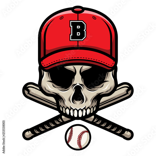 Photography Skull with Crossed Baseball Bat and Wearing A Cap Logo Badge