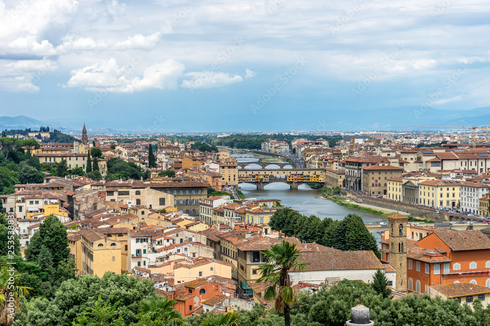 Panaromic view of Florence townscape cityscape viewed from Piazzale Michelangelo (Michelangelo Square) with ponte Vecchio