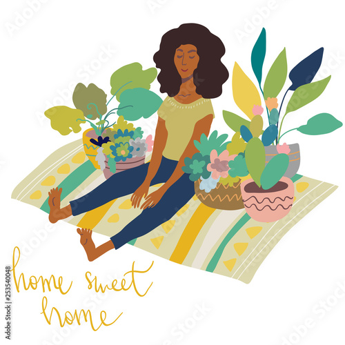 Urban interior house potted plants decorative vector illustration. Hand drawn art woman sitting on carpet in scandinavian minimal style. Lettering phrase Home sweet home.