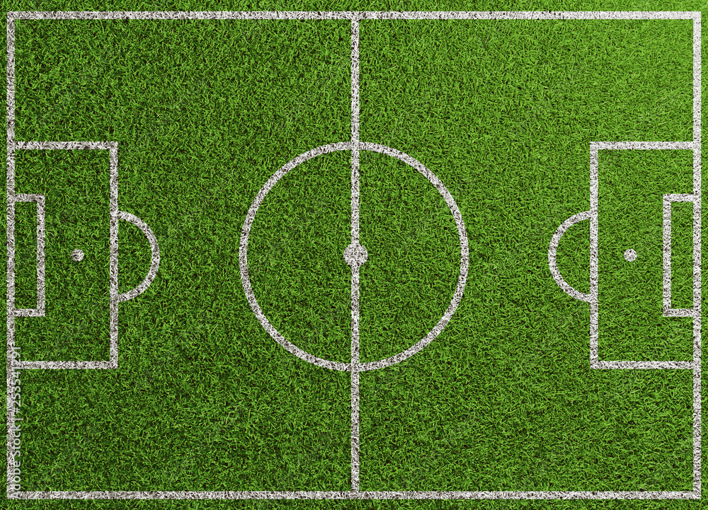 Fußballfeld von oben mit Linien auf Gras - obrazy, fototapety, plakaty 
