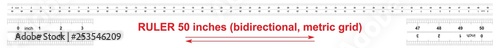 Ruler bidirectional 50 inches. Metric calibration grid. The division price is 0.05 inch. Precise measuring tool.