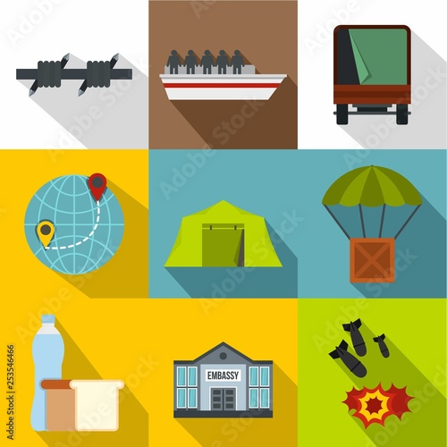 Refugees icons set. Flat illustration of 9 refugees vector icons for web