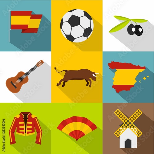 Spain icons set. Flat illustration of 9 Spain vector icons for web