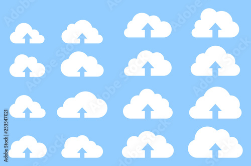 Cloud upload collection on blue background