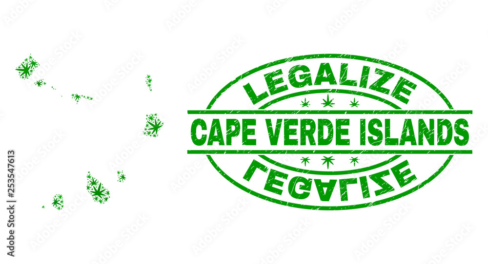 Vector marijuana Cape Verde Islands map mosaic and grunge textured Legalize stamp seal. Concept with green weed leaves. Concept for cannabis legalize campaign.