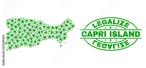 Vector cannabis Capri Island map mosaic and grunge textured Legalize stamp seal. Concept with green weed leaves. Concept for cannabis legalize campaign.